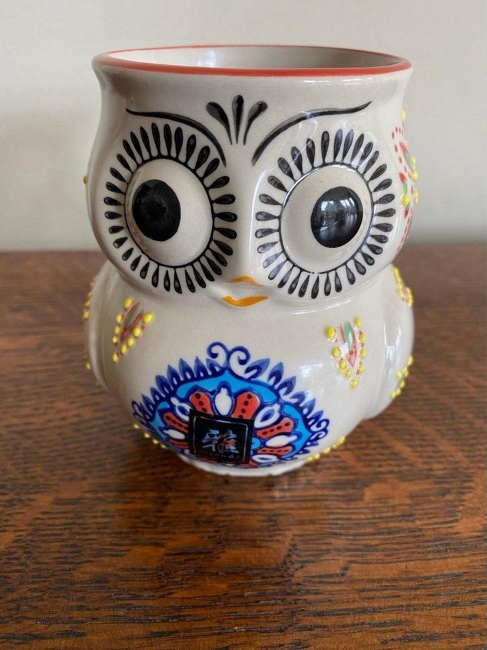 Decorative Owl Ceramic Vase - White with Multicolor Accents
